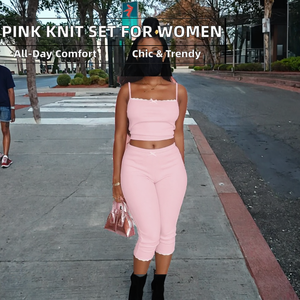 Conjunto de 2 Piezas para Mujer, Verano, Bordado, Top Corto de Encaje y Punto Acanalado, Pantalones Cortos por Encima de la Rodilla, Estilo Casual, Color Rosa - Product Image 2