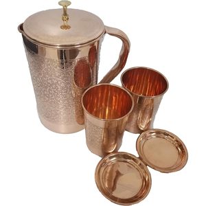 Embossed Pure Copper Jug Tumbler with Glass Lid Metal <b>Drinkware</b> <b>Accessories</b> for Parties Water Jug and Pitcher - Product Image 1