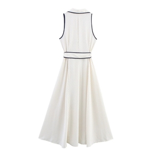 여름 우아한 네이비 폴카 도트 민소매 원피스 흰색 민소매 섹시 스트랩 관점 랩 힙 드레스 - Product Image 4