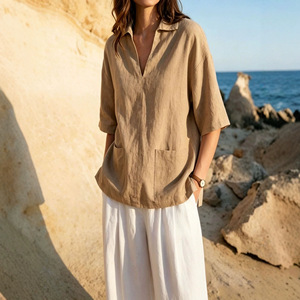 T-<span class=keywords><strong>shirt</strong></span> en coton et lin pour <span class=keywords><strong>femme</strong></span>, col en V, coupe décontractée, manches trois-quarts, couleur unie, haut d'été, style européen et américain 2026, tailles S-XXL - Product Image 1