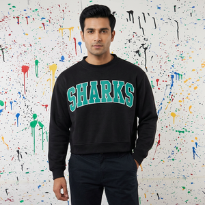 SHARKS BLACK Hooded <b>Sweatshirt</b> 100% Cotton Applique Embroidery Wide Neck Vintage High Street Quick Dry Breathable Winter Finer - Product Image 1