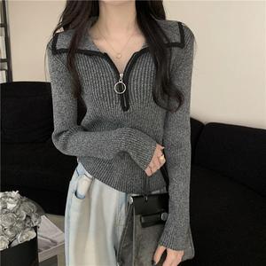 Maglione da donna con collo a revers e mezza zip, nuovo modello autunno/inverno, stile dolce e piccante, slim fit, a maniche lunghe, in maglia - Product Image 1