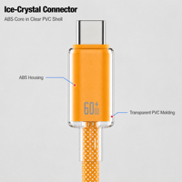 Câble USB PD 60W tressé en alliage d'aluminium au design cristal de glace, compatible avec ordinateur portable, moniteur et téléphone portable