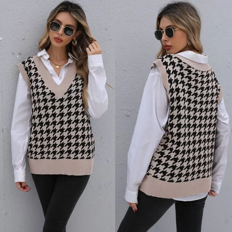 Houndstooth V Neck Vests Cardigan Women Plaid Loose Sleeveless Knitted Jumper Casual Fashion Chic Autumn Winter 2021 Sweater