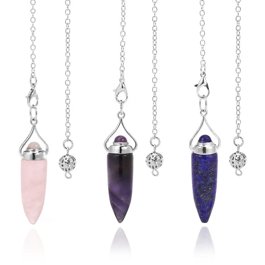 Natural Stone Cone Pendant Amethysts Crystals Amulet Divination Spiritual Pendulos Reiki Pink Quartz Pendulum for Dowsing PD011