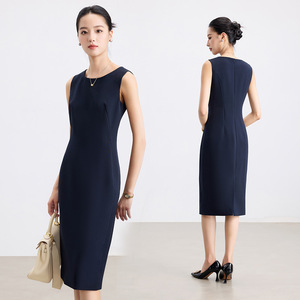 Sleeveless Sheath Dress Navy Blue O-Neck Mid Length Solid Color Career Dress Women's Office Wear - Product Image 1