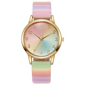 Rainbow Gradient Ladies Quartz Watch Gold <b>Case</b> Leather Strap - Product Image 6