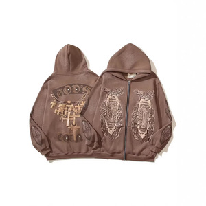 Sudadera con capucha y cremallera completa con estampado de esqueleto marrón, 100% algodón, corte holgado, estilo urbano, ropa de abrigo de invierno - Product Image 5