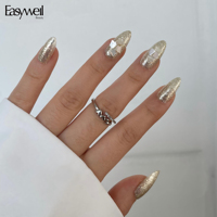 Faux ongles Easywell Luxury Silver Glitter, design amande moyen avec cristaux de strass, 30 pièces, réutilisables, à pression, pour femmes