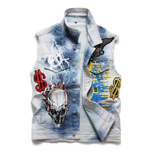 Autumn new men's embroidered denim cardigan youth popular lapel men's loose casual vest