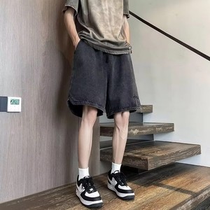 Pantaloncini in denim larghi da <span class=keywords><strong>uomo</strong></span>, stile casual urbano, lavaggio chiaro, nero, grigio, con elastico e coulisse in vita - Product Image 1