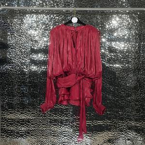 Oudina ชุดเดรสลำลองสั้นผ้าตาข่ายแต่งระบายแหวกแนวผูกเชือกแขนโคมไฟของคนดังชุดเดรสลำลอง - Product Image 3