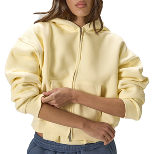 Minimalist Women Pastel Yellow Cropped <b>Zip</b> Up Hoodie Oversized Soft Fleece Full <b>Zip</b> <b>Hooded</b> Jacket Street Loungewear Outer Top - Product Image 1