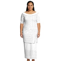 Robe Puletasi pour femmes grande taille, style polynésien, motif tribal blanc, robe insulaire, col rond, style samoan