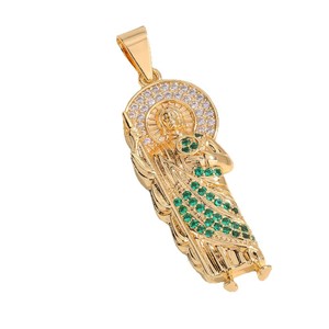 Collier pendentif <span class=keywords><strong>Saint</strong></span> Lazare - Plaqué or Micro pavé CZ/Cristal vert Charmes religieux pour hommes femmes Bijoux catholiques Cadeaux - Product Image 5