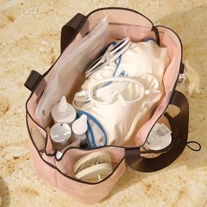 New Handheld Mesh <b>Beach</b> Tote <b>Bag</b> Stylish <b>Large</b> Capacity Zipper Closure Single Shoulder Swimsuit Goggles Storage <b>Bag</b> for Women - Product Image 4