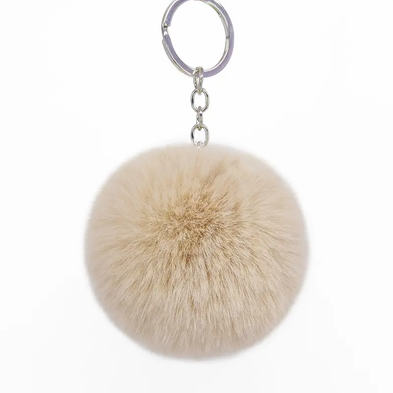 2024 Fashionable 2.9inch simple design Fluffy cute faux fake fur plush pompom pompon ball keychain silver color key holder