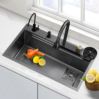 Évier de cuisine en métal avec rince-verres Évier de cuisine moderne noir multifonction intelligent Évier de cuisine cascade en acier inoxydable