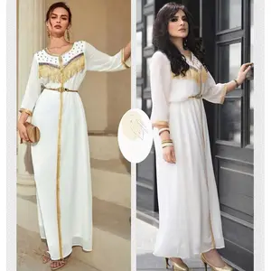 2022 Malaysia Islamic Fashion Elegant Chiffon Pleated With Trumpet Sleeve Lace Slim Fit Jubah Abaya Muslim Girl Clothing