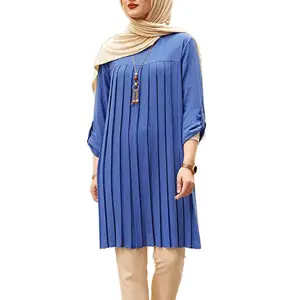 Blusa feminina plus size para o Oriente Médio, blusa casual plissada de manga comprida, blusa islâmica para mulheres muçulmanas