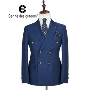 Mens Suit 2 Piece Slim Fit Blue Wedding Office <strong>Double</strong> Breasted for Cenne Des Graoom Lapel Blazer Trousers - Product Image 1