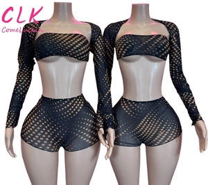 Autunno donna in maglia con stampa a 3 pezzi Set Sexy a forma di scialle Top con Top a tubo + Shorts abbinati Set da donna - Product Image 6