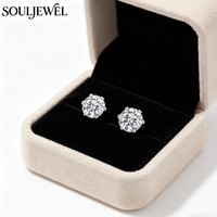 Boucles d'oreilles clous en moissanite Souljewel, design six griffes, plaqué rhodium, argent 925, couleur D, VVS, pour femme, usage quotidien, vente en gros