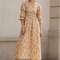 Robe midi florale personnalisée en lin et coton, col carré, corsage froncé, manches bouffantes, vêtements d'été pour femmes, fabricant de vêtements