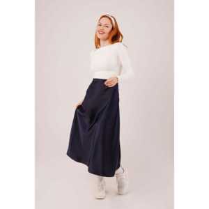 Wholesale Navy Blue Midi Satin <b>Skirt</b> Bell-Shape Pleats XS Size Casual <b>Summer</b> Style Natural Waistline Cotton Knitted Belt Print - Product Image 5