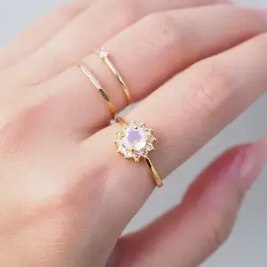 New Arrival Gemstone Diamond Rainbow Moonstone Flower Rings 925 Sterling Silver Engagement Ring