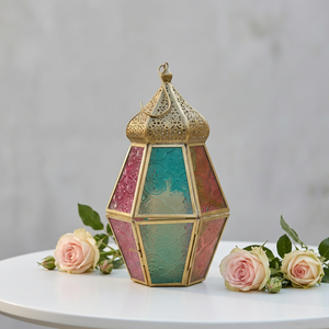 Wholesale <b>Mini</b> Moroccan Metal Candle Holder <b>Lantern</b> with Colorful Glass for Ramadan Tabletop and Hanging Decorations - Product Image 1