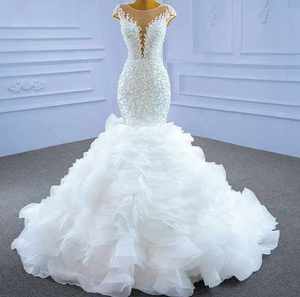 NDB10667 Custom Size Wedding Dress Bridal Gown Heavy Industry Sequin Beads Decoration Fish Tail Trailing Sparking O-neck - Product Image 1