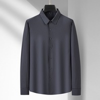 Kemeja Pria Kasual Bergaris Lengan Panjang Bahan Stretch Woven Kancing Depan Kerah Turn-Down Bernapas Anti Kusut Musim Semi
