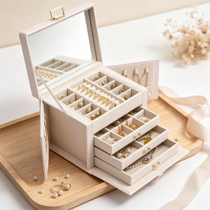 Boîte à bijoux en cuir PU grande capacité avec miroir, tiroirs multicouches, organiseur de rangement pour boucles d'oreilles, bagues et colliers, cadeau pour femme - Product Image 5