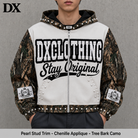 Sweat-shirt à capuche court zippé en molleton épais 380 g/m² avec motif camouflage écorce d'arbre personnalisé, appliqué en chenille et inscription, style streetwear OEM ODM