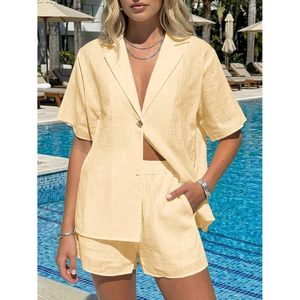 Fisoew Womens <b>Linen</b> 2 Piece <b>Set</b> Short Sleeve Blazer Shorts Summer Casual Beach Vacation Outfits Breathable Matching <b>Sets</b> - Product Image 3