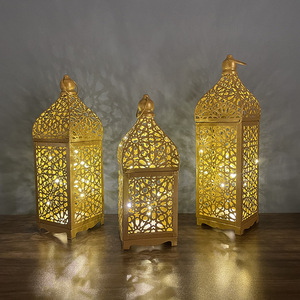 Ramadan Eid <strong>Moroccan</strong> Wrought Iron <strong>Lantern</strong> Vintage Metal Candle Holder with LED Lights for Home Islamic Holiday Table Centerpiece - Product Image 4