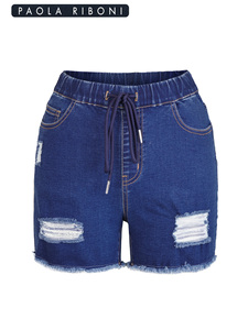 Shorts en jean décontractés d'été pour femmes, extensibles, avec cordon de serrage, taille élastique, déchirés, style Bermuda, pour femmes - Product Image 1