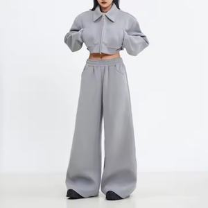 Survêtements d'automne pour femmes, mode streetwear, veste courte à fermeture éclair et col à revers, ensemble de pantalons de survêtement en coton French Terry 100% pour femmes - Product Image 1