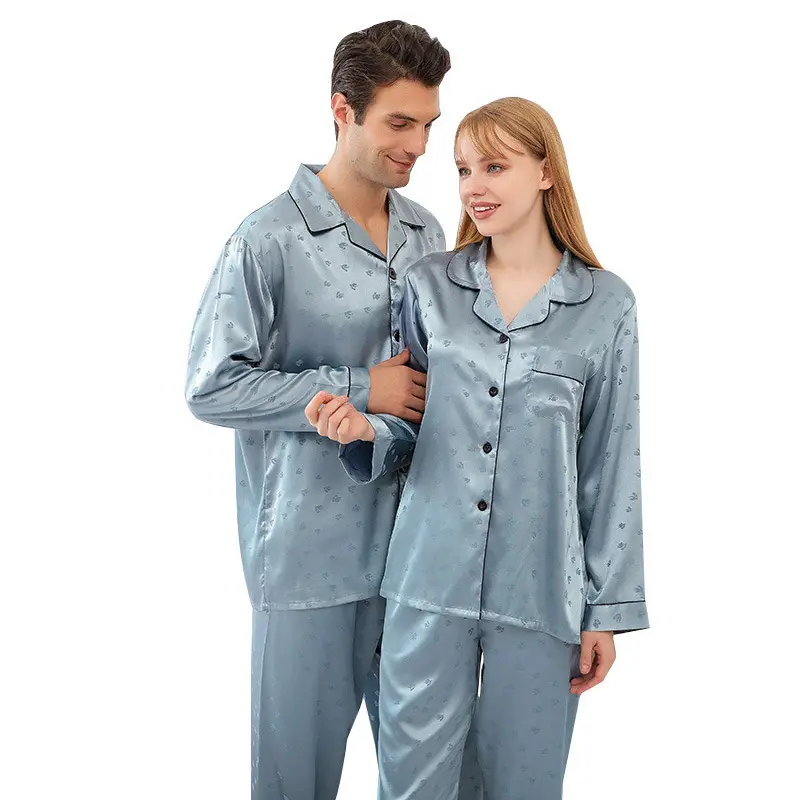 春のシルクの女性と男性のパジャマ秋のユニセックスパジャマソフトジャカードサテンパジャマ