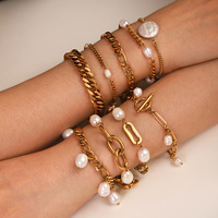 Pulseras de Cadena Cubana de Acero Inoxidable con Oro de 18K y Perlas Naturales de Agua Dulce para Mujer, para Regalo