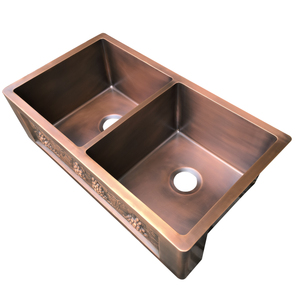 Évier de <span class=keywords><strong>cuisine</strong></span> de luxe <span class=keywords><strong>90</strong></span> <span class=keywords><strong>cm</strong></span> en cuivre finition antique, fait main, couleur café clair, double bac, installation à encastrer, deux compartiments - Product Image 3