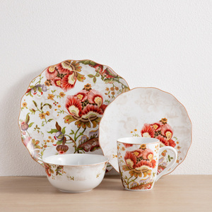 Service de table en céramique à motif floral botanique rétro, design personnalisé, vaisselle en porcelaine à bord ondulé pour les chaînes de magasins, boîte promotionnelle pour festival - Product Image 1
