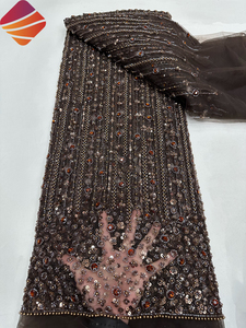 Tissu en dentelle perlée à la main au design exclusif, perles, <span class=keywords><strong>tulle</strong></span>, broderie de perles tubulaires, paillettes, tissu en dentelle pour robe de mariée de haute couture - Product Image 2