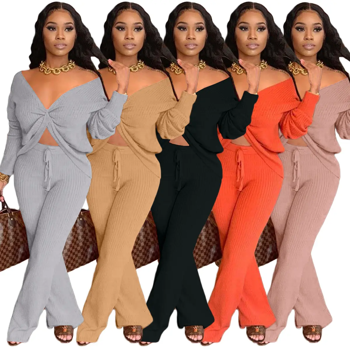 Dropshipping New Arrivals Fall Solid V Neck 2 Piece Set Women Sets Womens Clothing Two Piece Fashion Womens Clothing Fall 2022