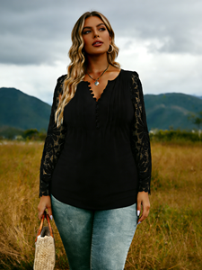 Camisa Holgada de Manga Larga con Encaje Estilo Europeo para Mujer, Talla Grande, de Fibra de Leche, con Botones, para Primavera/Otoño/Verano, Joyinspring - Product Image 3