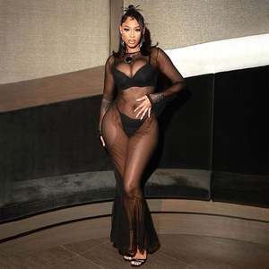 Tops <span class=keywords><strong>de</strong></span> manga larga para mujer con malla transparente Patchwork suéter inferior <span class=keywords><strong>de</strong></span> lana para Night Club Style Midnight Wear - Product Image 6