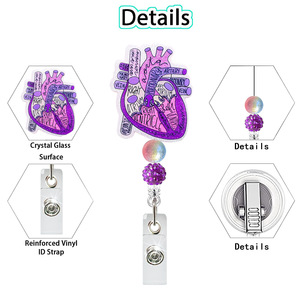 Glitter Acrylic Heart Cardiac Badge Reel Bling Glitter ID Clip Name Badge Holder <b>Cute</b> Retractable Badge Reels with Metal Clip - Product Image 6