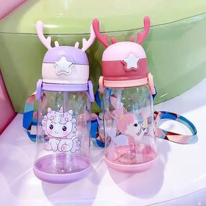 Bouteille d'eau portable en plastique transparent sans BPA de 600 ml avec paille, design mignon, pour bébé fille - Product Image 6
