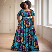 Gaun Wanita Afrika Ankara Batik Lengan Pendek Aksesori Sabuk Bermotif Emas 2425127